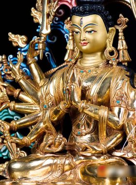 现代铜像摆件 尼泊尔13寸手工铜全鎏金雕花双层莲座准提佛