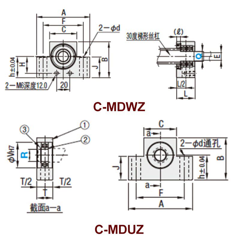 梯形丝杠方型/矮型支座轴承座C-MDWZ/MDUZ/BSQ/BUA8 10 12 15-SET - 图2