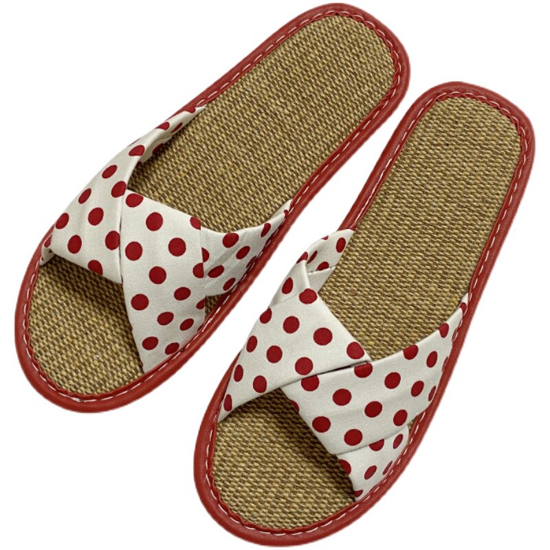 Women's indoor slippers for summer cool home polka dot fabric breathable linen sweat-absorbent cotton and linen slippers for all seasons