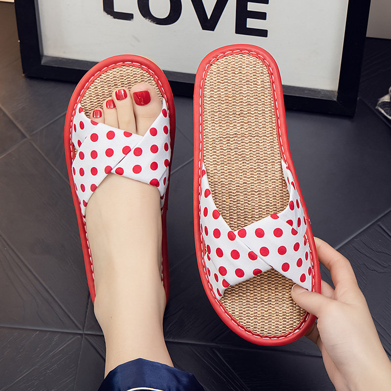 Women's indoor slippers for summer cool home polka dot fabric breathable linen sweat-absorbent cotton and linen slippers for all seasons