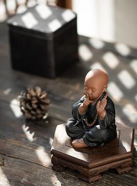 炼器 黑陶紫砂四不小和尚微景观造景摆件 中式禅意家居客厅装饰品