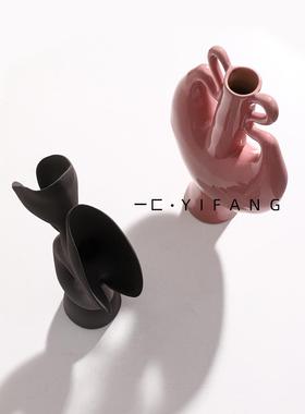 一匚 复古艺术黑色粉色陶瓷花瓶 样板间酒店客厅玄关艺术花器摆件