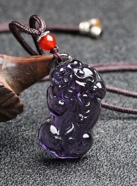 天然紫水晶吊坠项链貔貅生日礼物男女款毛衣链民族风项链潮流饰品