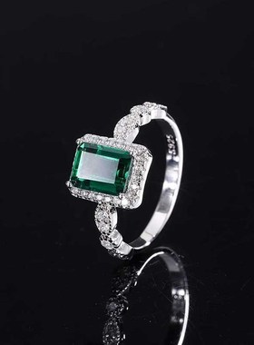 珠宝cS925通体银热卖仿彩宝祖母绿红宝黄钻镶嵌戒指主石6*8