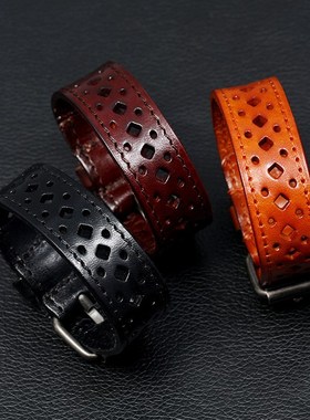 跨境热销爆款欧美新款牛s皮手链复古镂空男士宽皮手环个性骑行饰