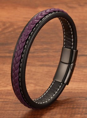 跨境热销不锈钢手镯男士商务风亚马逊饰品蓝黑相间皮Z超纤皮手饰