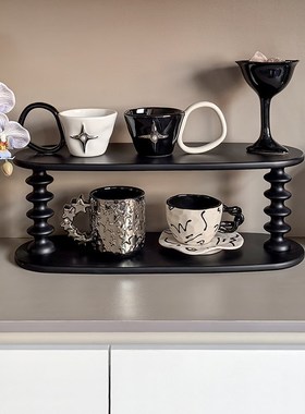 态生活中古风玄关摆件陶瓷咖啡杯酒杯黑色杯架仿真蝴蝶兰花瓶花束