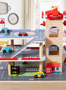 儿童木制过家家模拟停车场大型三层拼装汽车滑行轨道飞机升降玩具