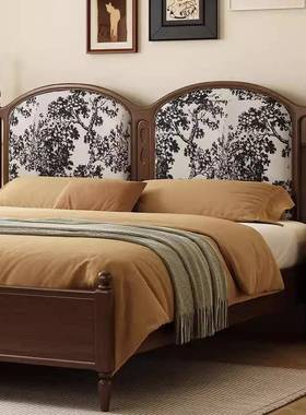 法式复古黑胡桃木软靠床北欧现代实木双人床卧室大床1.8米橡木床