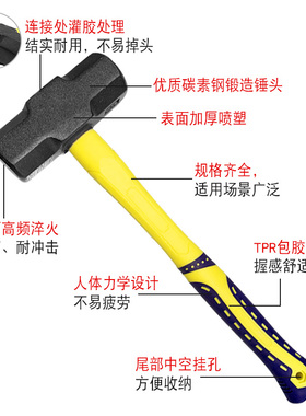 长城精工八角锤方头塑柄重型砸墙拆墙榔头多功能石工铁锤子工地用