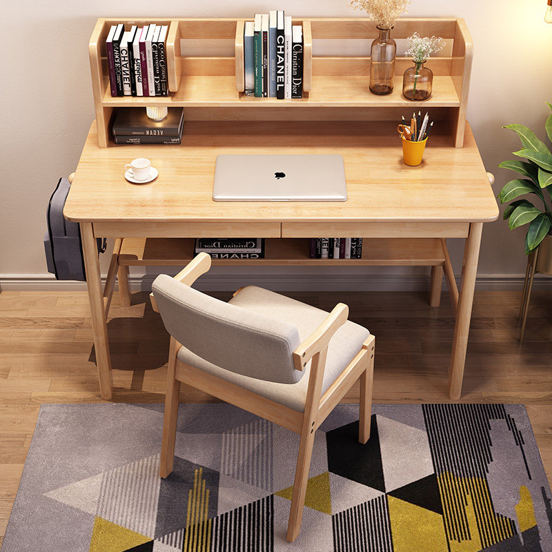 全实木书桌带书架学生家用简约写字台式电脑桌卧室北欧学习写字桌,淘宝优惠券,粉丝福利购,淘宝优惠卷