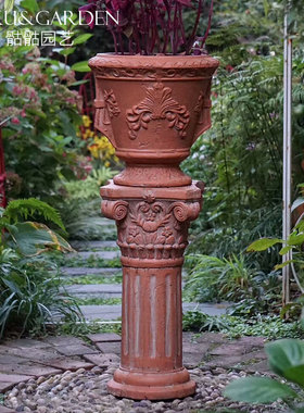 欧式罗马柱复古做旧仿红陶别墅客C厅装饰摆件花园园艺花盆圆柱底