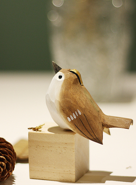 鹿妖商店 金冠戴菊 肥啾鸟 纯手工木雕小鸟 实木摆件