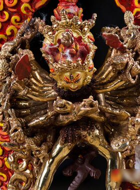 居家用品摆件尼泊尔手工8寸铜半鎏雕花金时轮金刚家居摆件