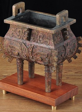 彩铜兽面方鼎摆件铜鼎家居客厅玄关装饰品公司店铺摆设商务礼品