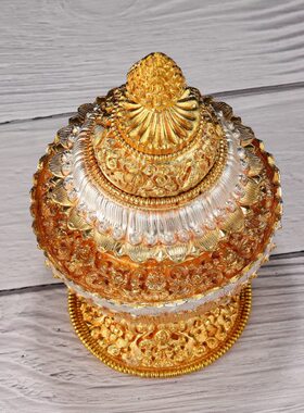 藏式铜鎏金手工米盒修行供具尼泊尔米罐铜鎏金鎏银雕花宝瓶米盒