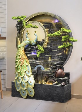 孔雀假山流水摆件l玄关客厅循环水幕墙景观送礼高山生财风水轮装