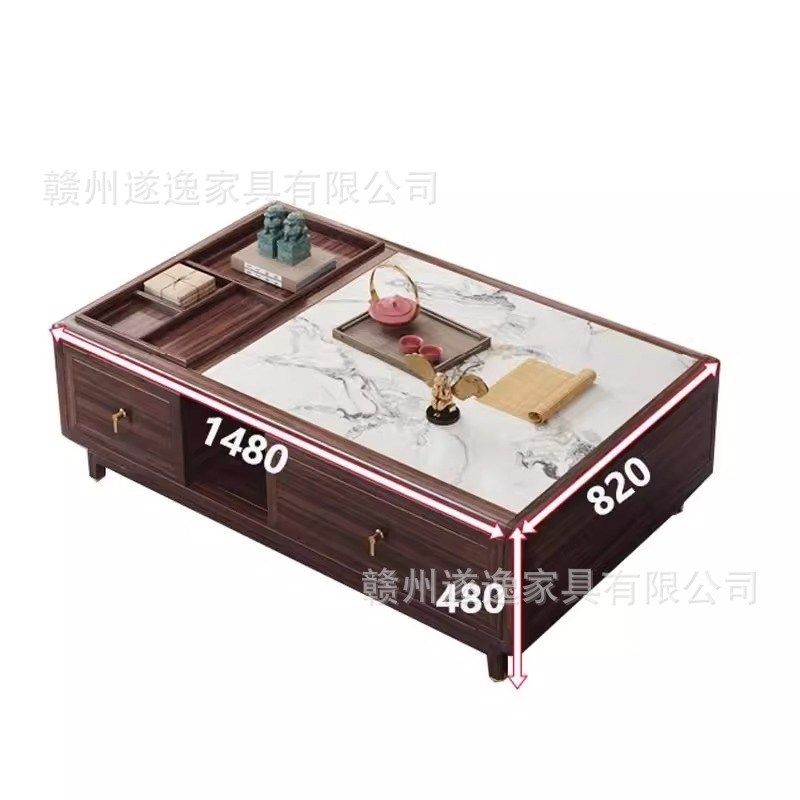 新中式轻奢高端乌金木实木茶几组合客厅岩板落地柜储物茶几桌家具 - 图3