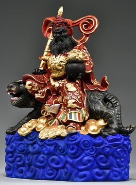 彩绘木雕刻武财神骑虎赵公明神y像摆件客厅装饰工艺品店铺开业送