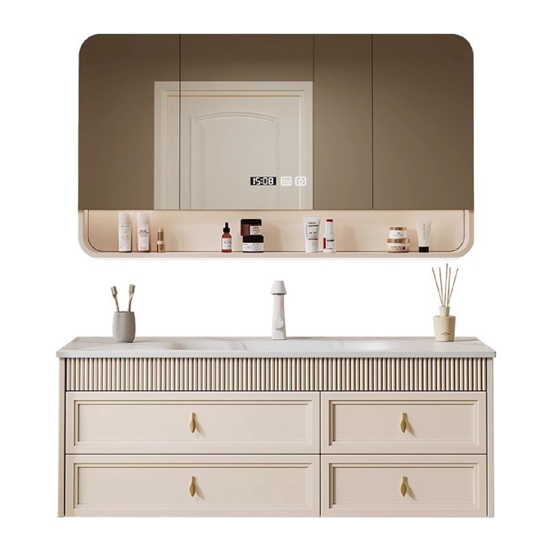 法式橡木浴室柜组合奶油风洗漱台岩板热弯陶瓷一体盆卫生间洗手池 - 图3