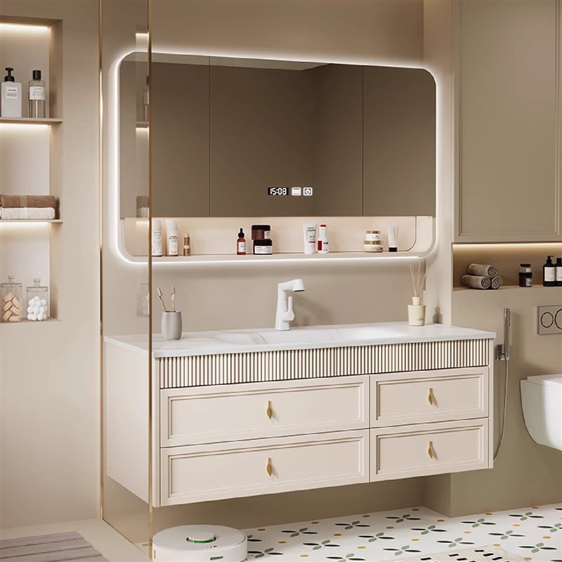 法式橡木浴室柜组合奶油风洗漱台岩板热弯陶瓷一体盆卫生间洗手池 - 图2