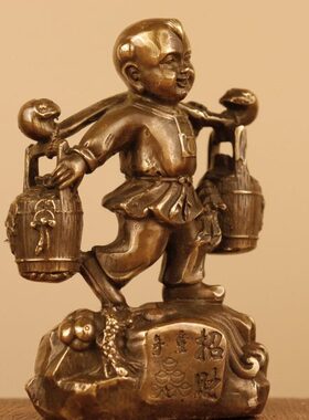纯黄铜运财童子摆件挑财送财童子善财家居办公室装饰桌面工艺摆设