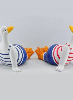 地中海风格创意树脂躺坐海军情侣鸭摆件 家居搁板装饰品摆设