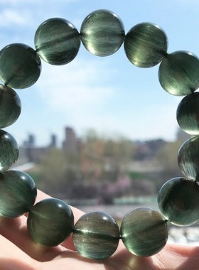 天然巴西绿发晶手链墨绿色顺发猫眼通G透男女款绿碧玺幽灵水晶手