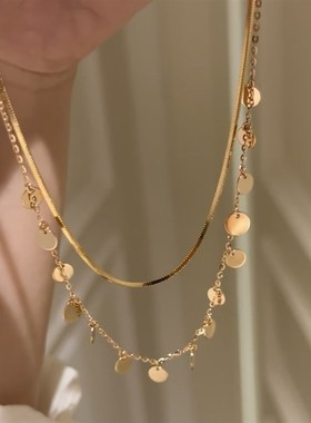 轻奢高级感波g光粼粼复古蛇骨链双层圆片吊坠流苏项链夏天颈部配