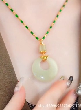 新款仿玉石平安扣吊坠项链女小众轻奢爆款毛衣链服饰配.饰挂件
