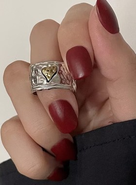 复古做旧锤纹拼色爱心交叉戒指女时E尚个性气质银色合金开口食指