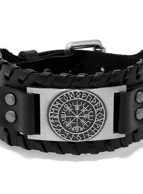 跨境新款饰品北欧维京海盗牛皮手链复H古编织指南针男士皮革手环