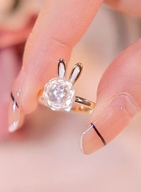 可旋转金色可爱小兔子耳朵u情人戒指女独特设计生肖兔活动开口指