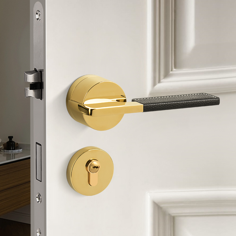 门锁室内木门现代极简真皮磁吸静音轻奢J金色卧室家用通用型门把 - 图0