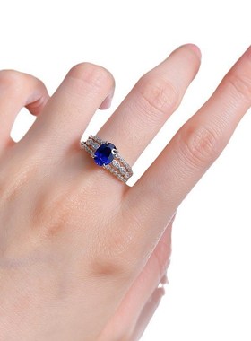 2024新款S925银仿真钻6*8mm蓝刚戒指环时尚简X约百搭气质女