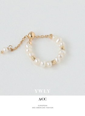 欧美小众天然真珍珠链条可调节高级F感戒指复古气质个性设计感饰