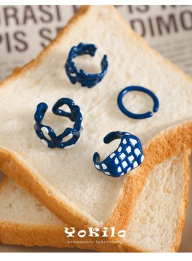 新款可爱多巴胺戒指甜美蓝白撞色波点H造型手工滴油珐琅戒指女小