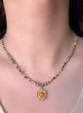 天然石拼接串珠项链m女复古小众原创设计钛钢配件日常百搭中式颈