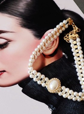 西洋中古珍珠项链白色黑色赫本风C仿珍珠项链银针耳钉套装旗袍礼