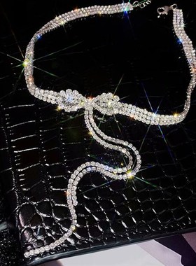 新款蝴蝶结项链少女ins颈链满钻简约时尚气.质个性饰品