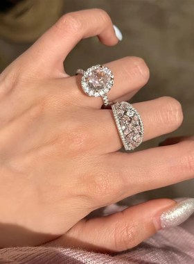 Vintage中古k风粉钻微镶锆石戒轻奢满钻璀璨精工复古奢华叠戴指环