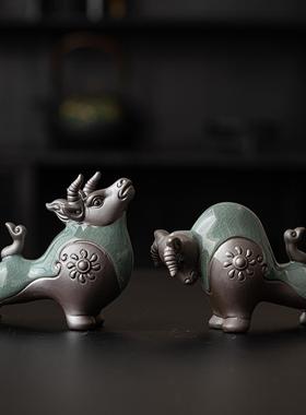 牛气冲天陶瓷哥窑牛摆件招财家居客厅博古架装饰品生肖牛礼品摆设