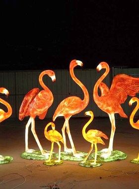 户外庭院水池鸟类动物落地摆件园林婚庆玻璃钢发光仿真火烈鸟雕塑