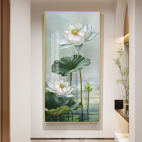 墨濯尘轻奢入户玄关装饰画客厅荷花挂画走廊过道现代轻奢风壁画 - 图3