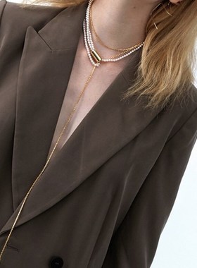小众时髦设计多层混搭镀金珍w珠长款项链可调节装饰颈联女潮新款