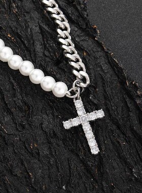 欧美嘻哈8mm不锈钢p古巴链混合珍珠项链简约搭配十字架吊坠项链