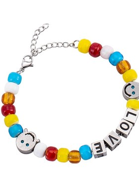 新款 欧美创意时尚潮q流男女钛钢彩色琉璃珠笑脸手链 工厂现货