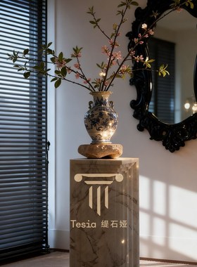 诧寂风天然白色大理奢石几何体落地雕塑底座摆件T墩墩展示台立柱