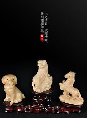 普生缘纯桃木三合生肖虎马狗三合摆件十二生肖寅午戌家居客厅装饰