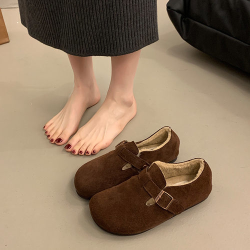 35-43码大码女鞋勃肯鞋女冬加绒保暖棉鞋复古日系丑萌单鞋乐福鞋 - 图0